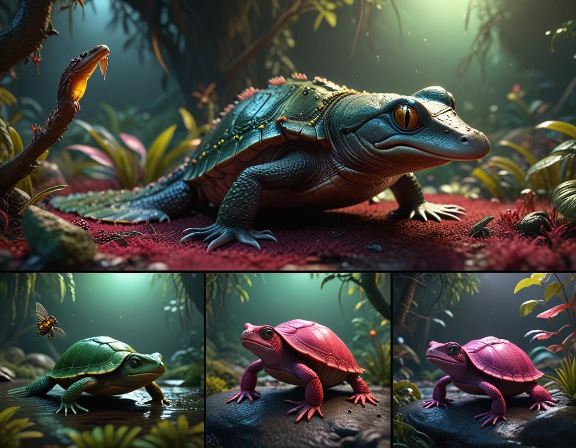 Intricate Fantastical Creature in Deep, Golden, and Pink Lig...