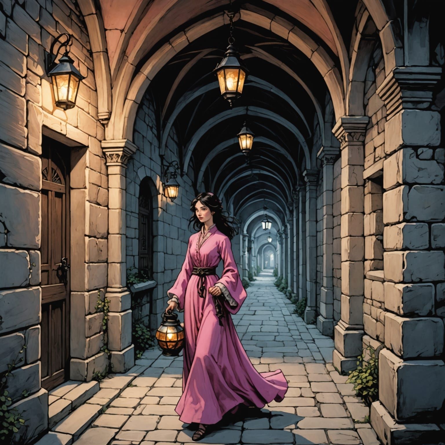 Medieval Woman with Lantern in Anime Style