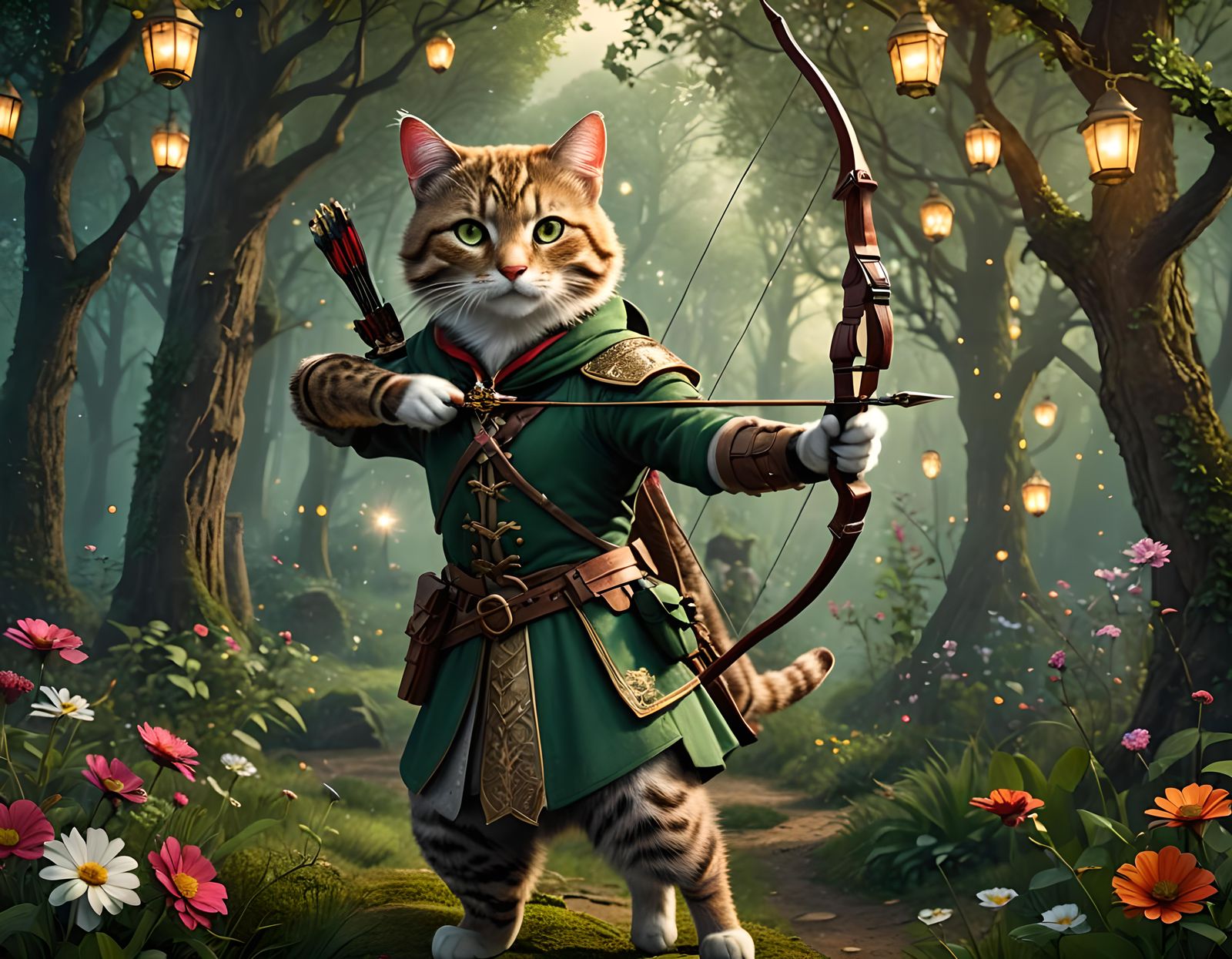 Cat Archer in Fantasy Forest, Cinematic Lighting