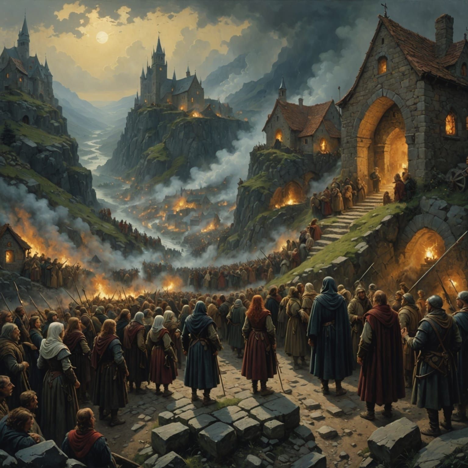 Redhead Threatened by Villagers in Stormy Fantasy Landscape