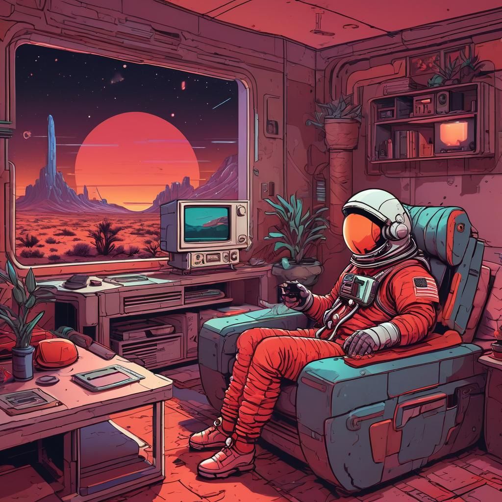 Astronaut Watching TV in Desert: Retro-Futuristic Illustrati...