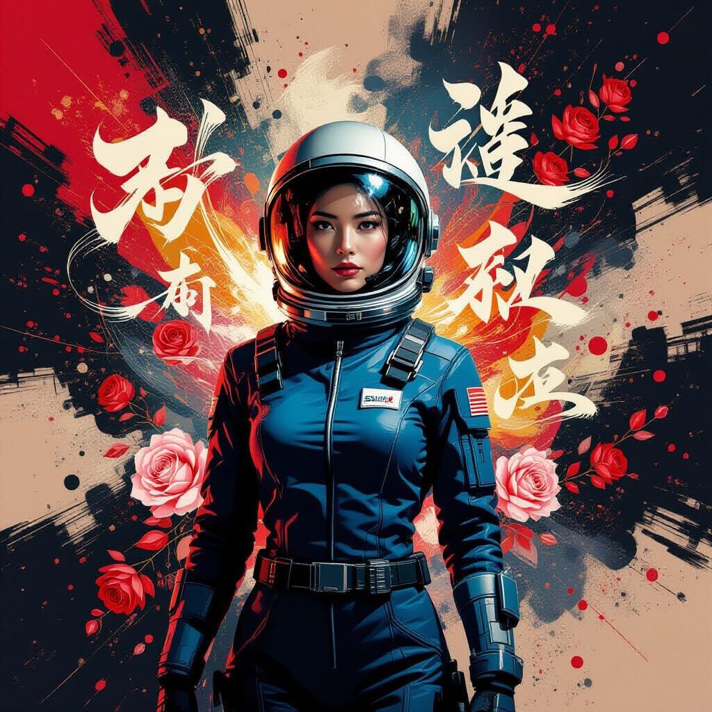 Neo-Traditional Astronaut Portrait with Abstract Cosmic Back...