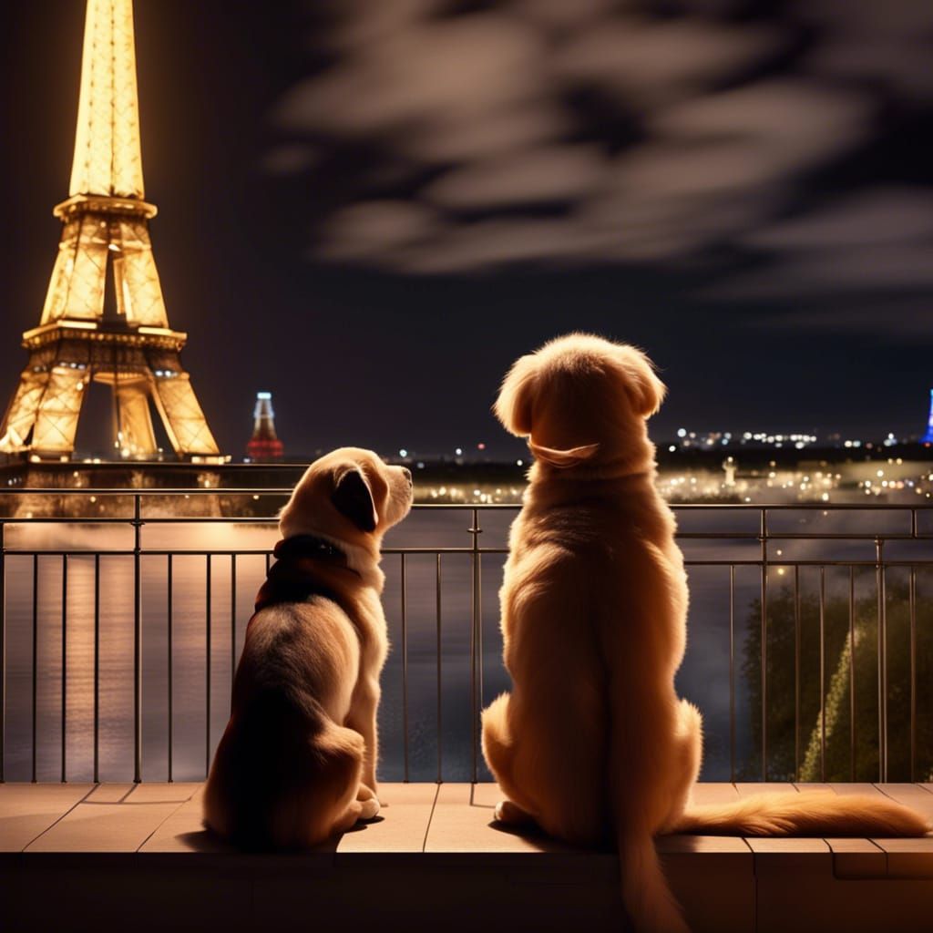 Cute Dog Sits on Balcony Overlooking Eiffel Tower