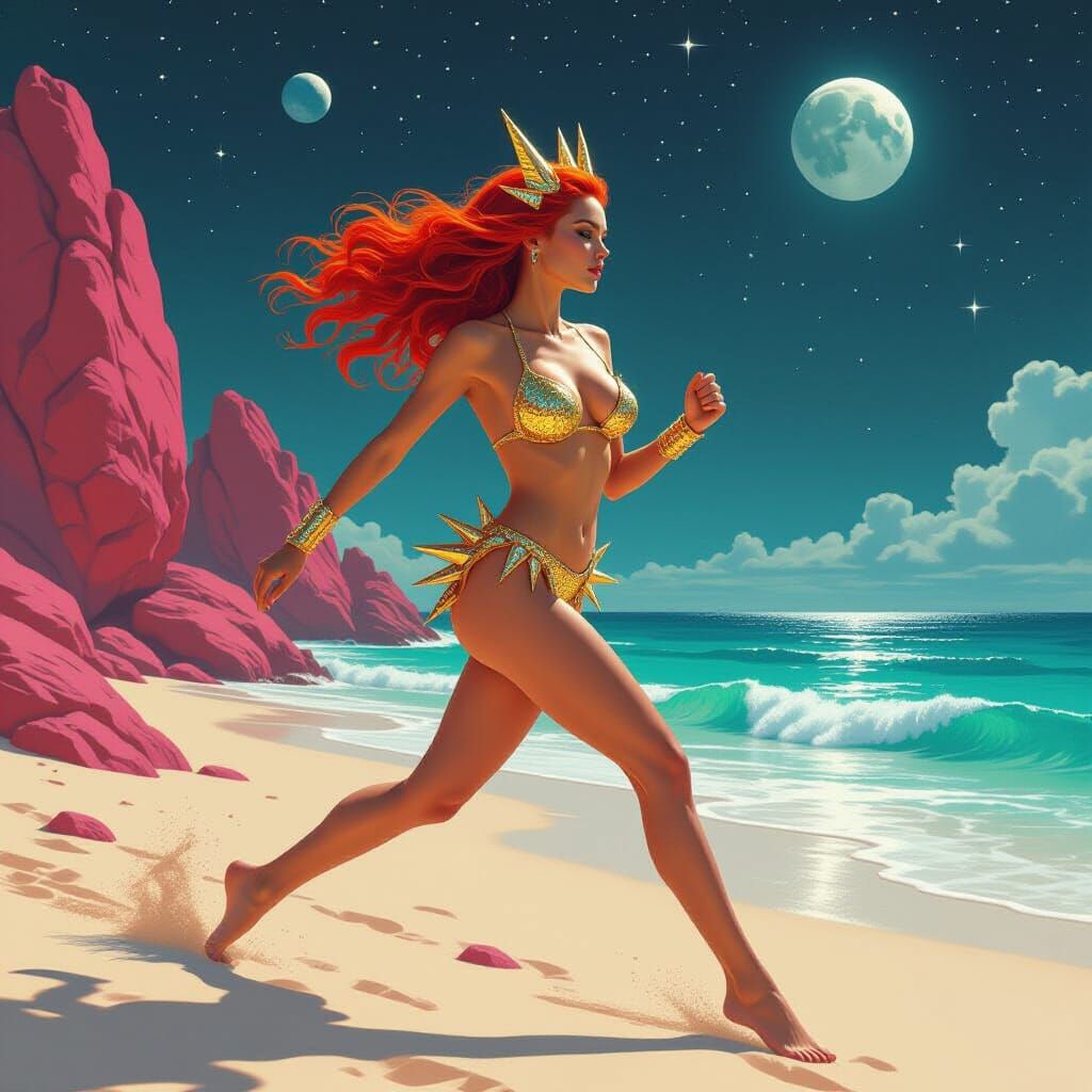 Woman in Diamond Bikini Runs on Alien Beach Under Starry Sky