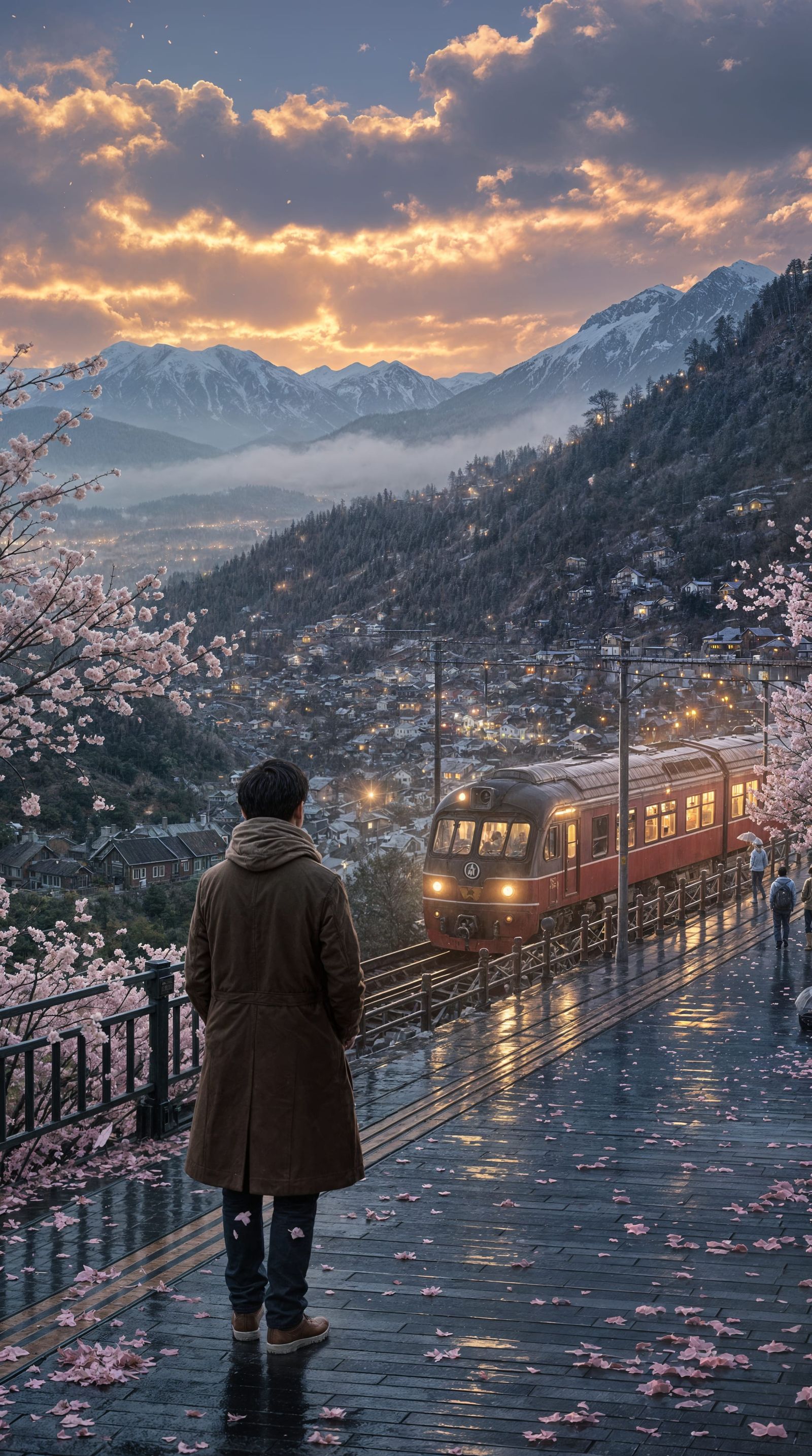 Twilight Train Station with Golden Hour Lighting