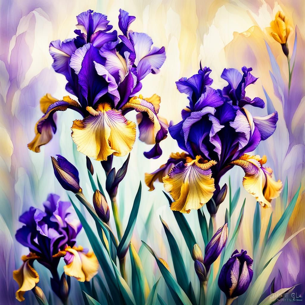 Macro Iris Flowers in Retro Digital Art Style
