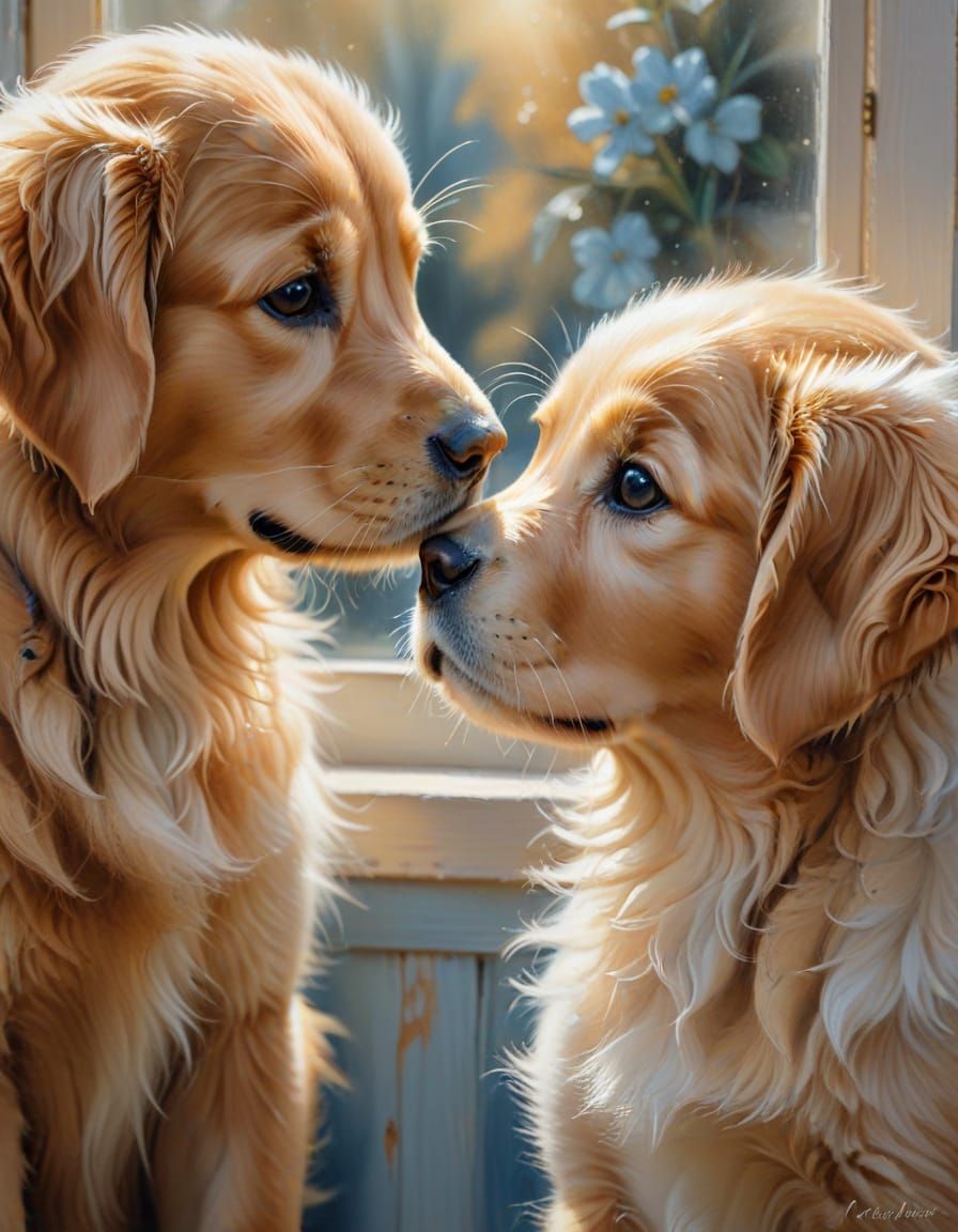 Golden Retriever Puppy and Toddler Airbrush Painting