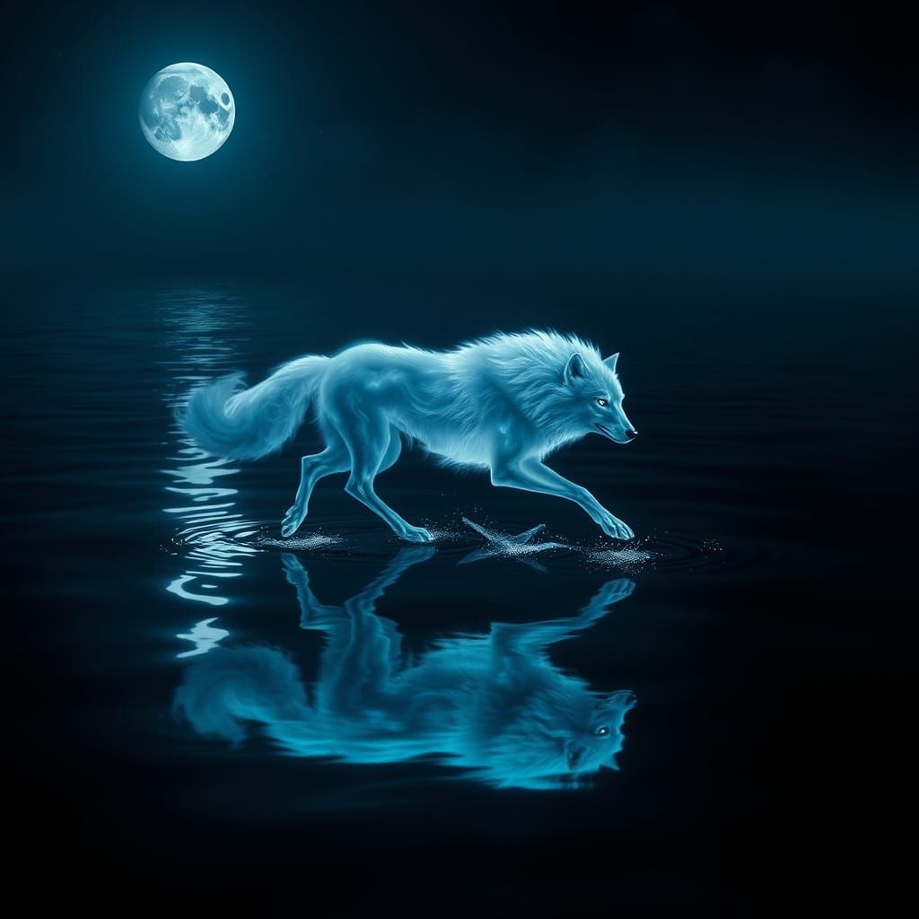 Ethereal Ghost Wolf Running on Water at Night