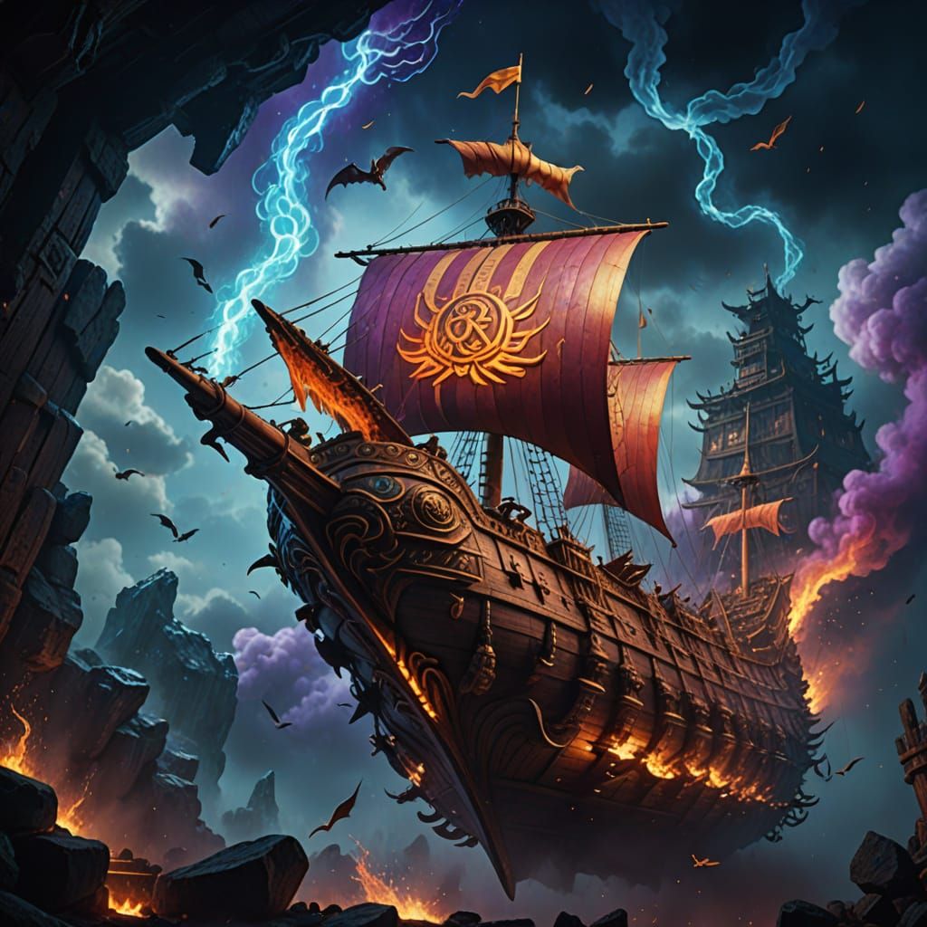 Magical Flying Galleon Battles Dragons in a Vibrant, Fantast...