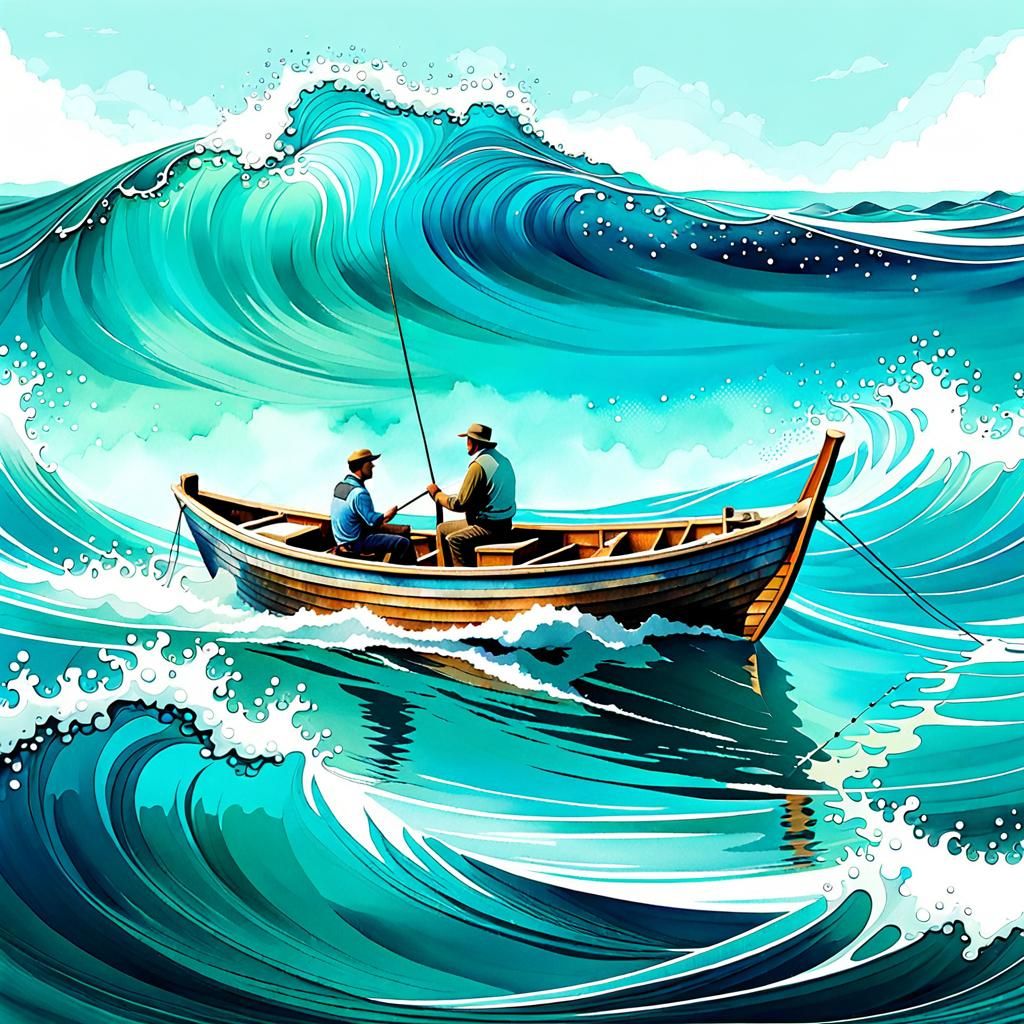 Fishing Boat on Aquamarine Ocean in Watercolor Style