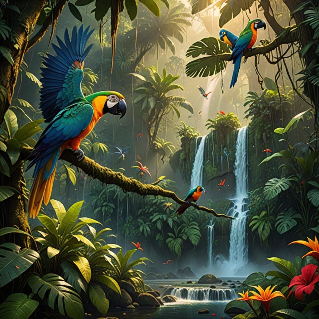 Vivid Tropical Birds in Misty Rainforest with Waterfall