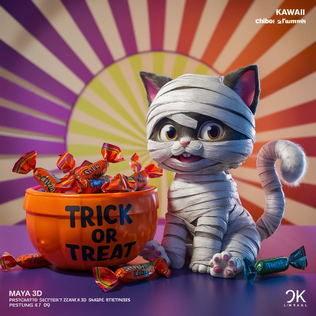Adorable Chibi Kitten Mummy: Pixar-Style Halloween Concept A...