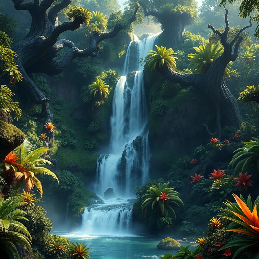 Majestic Jungle Waterfall in a Fantastical, Detailed Matte P...