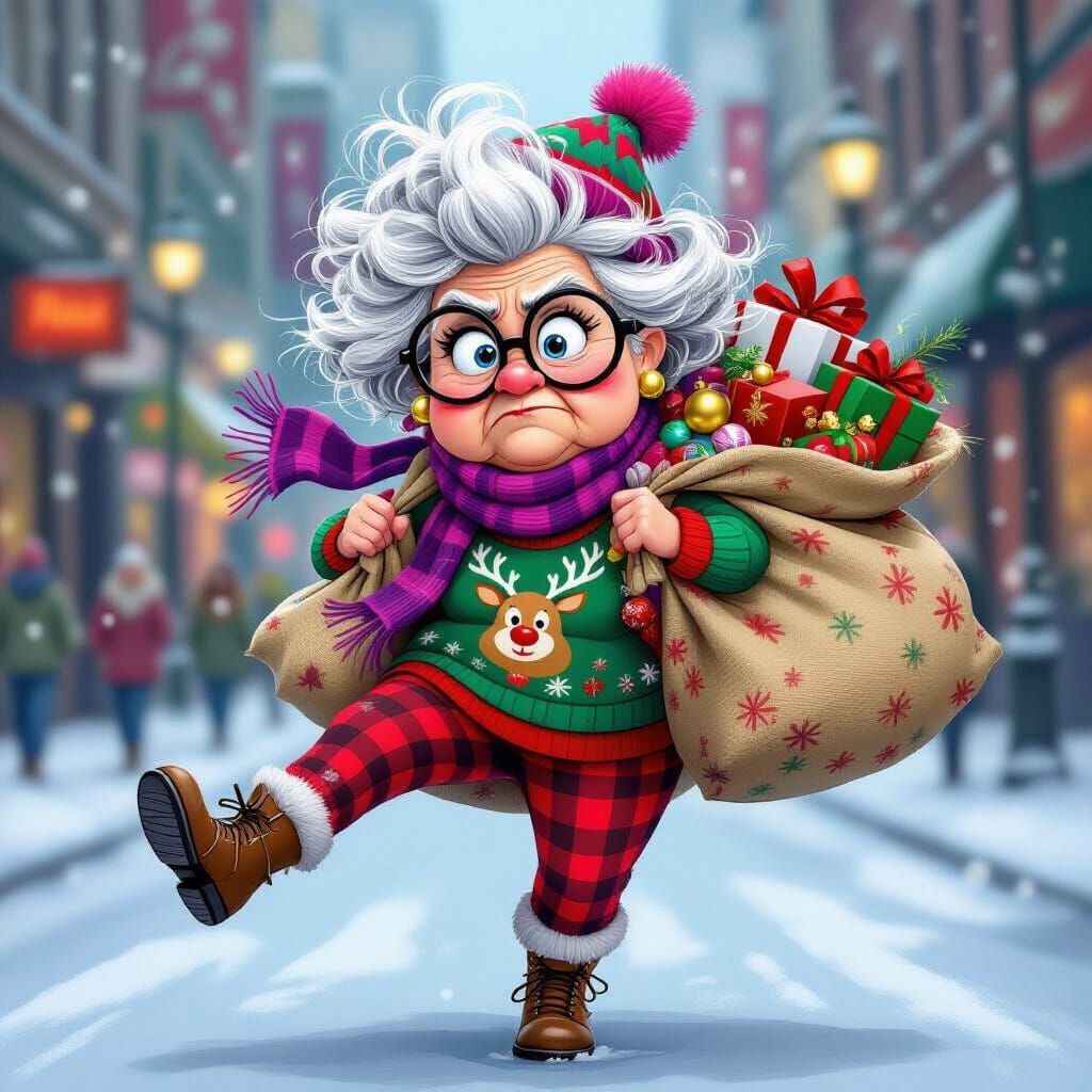 Elderly Woman Rushing Through Winter City Street in Cartoon ...