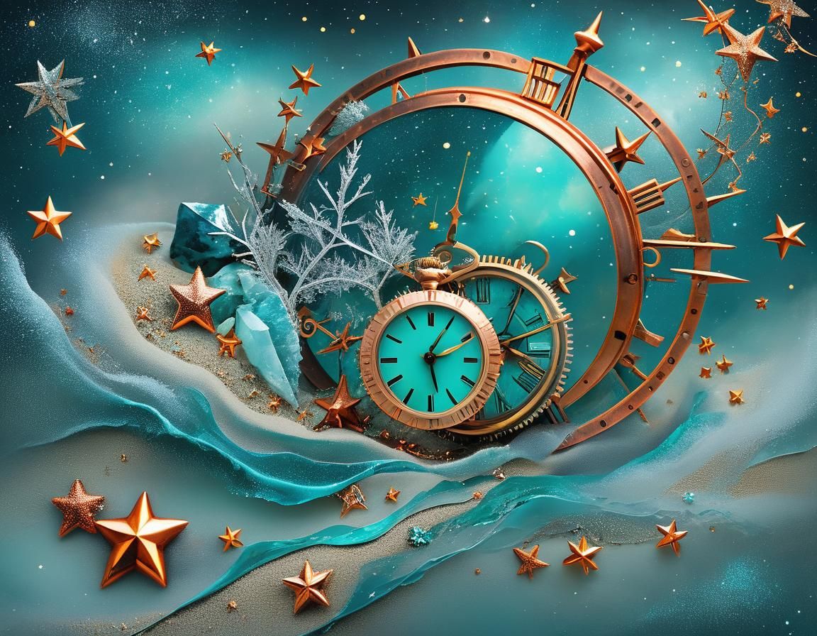 Surreal Collage of Time Under Copper Stars