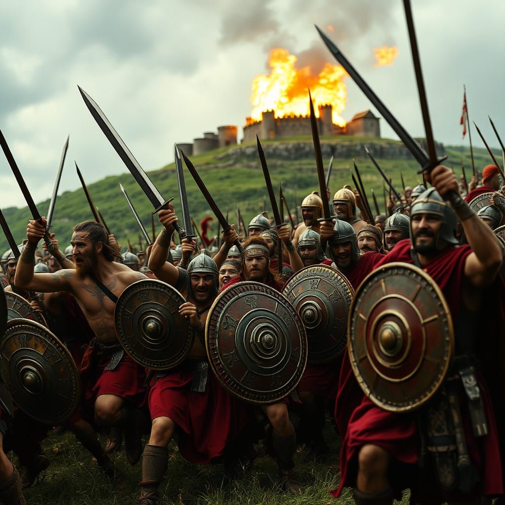 Celtic Warriors Battle Romans at Burning Hillfort