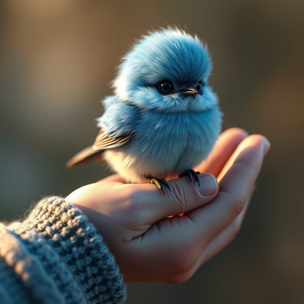 Fluffy Blue Bird Perched in Hand: 3D Render