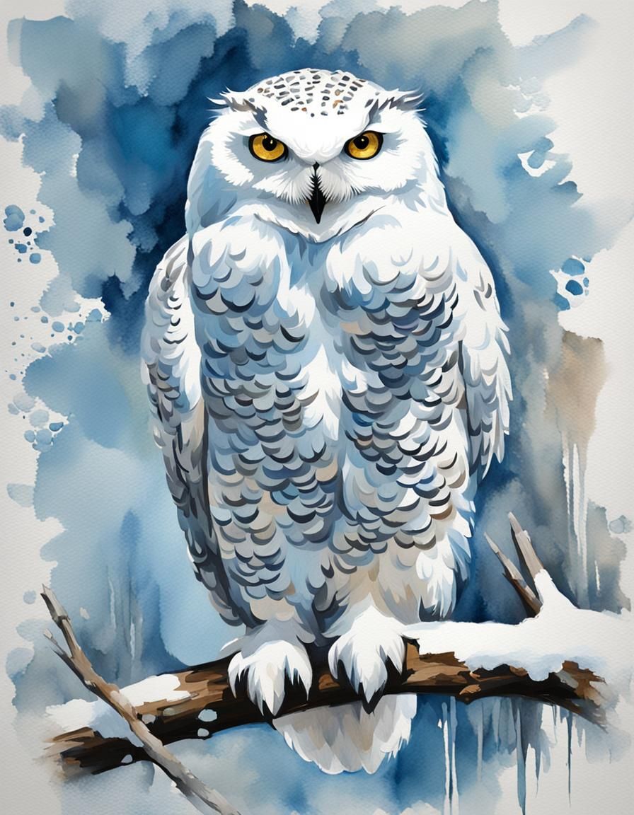 Snowy Owl in Gouache and Watercolor Style