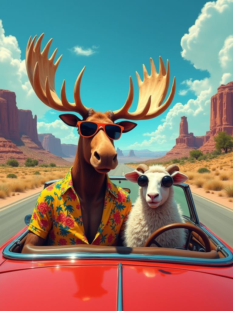 Moose and Sheep Road Trip in Terry Gilliam Style