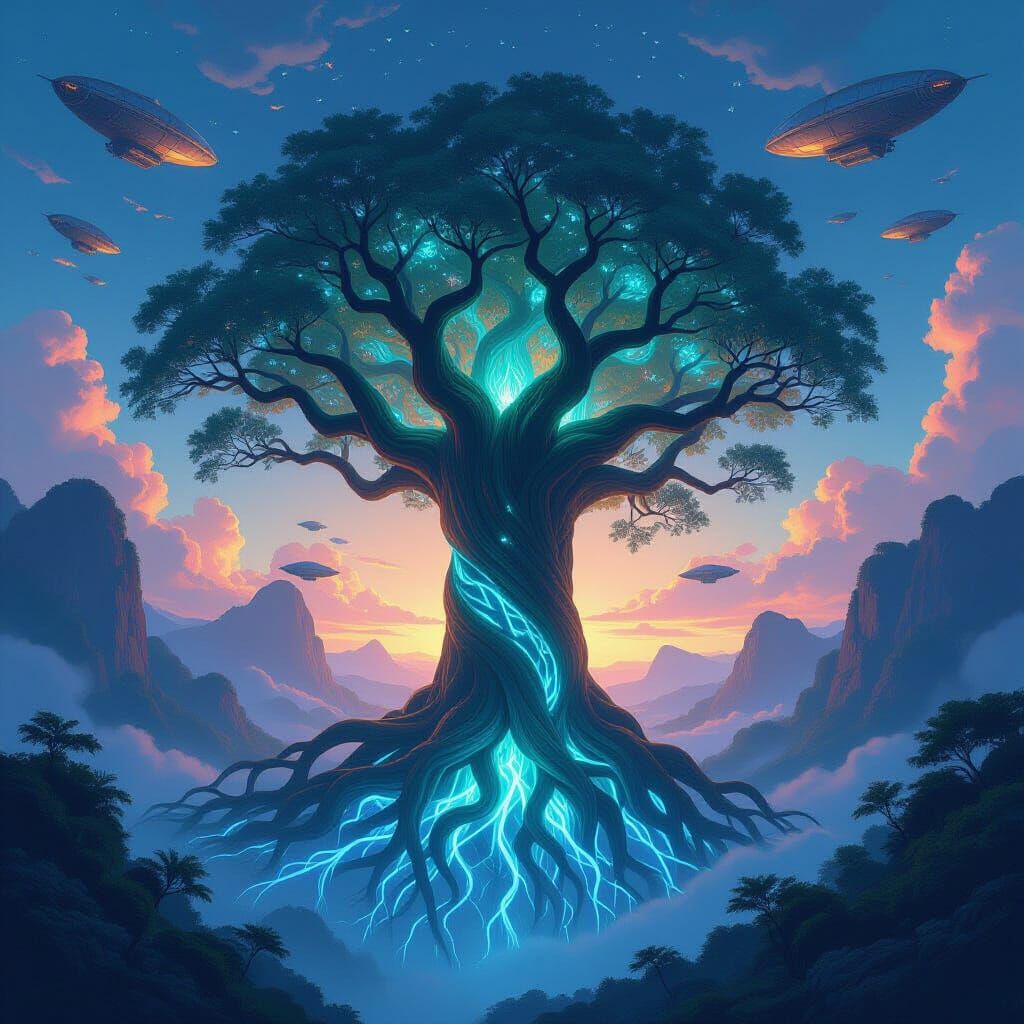 Ancient Tree with Bioluminescent Roots and Airships
