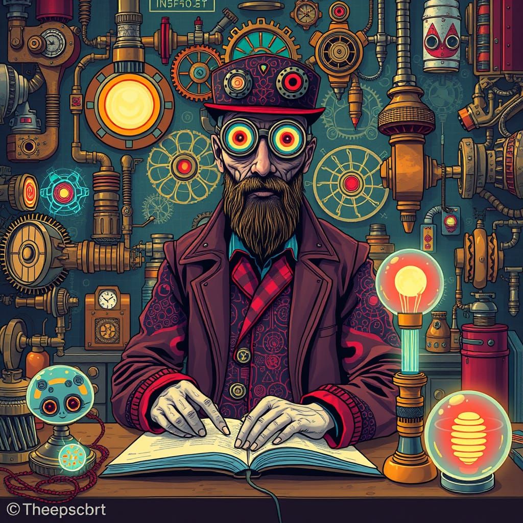 Steampunk Inventor in Bioluminescent Workshop