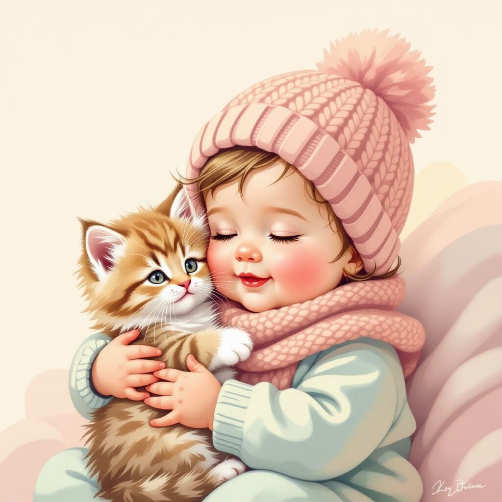Adorable Baby and Kitten in Matching Knitted Hats