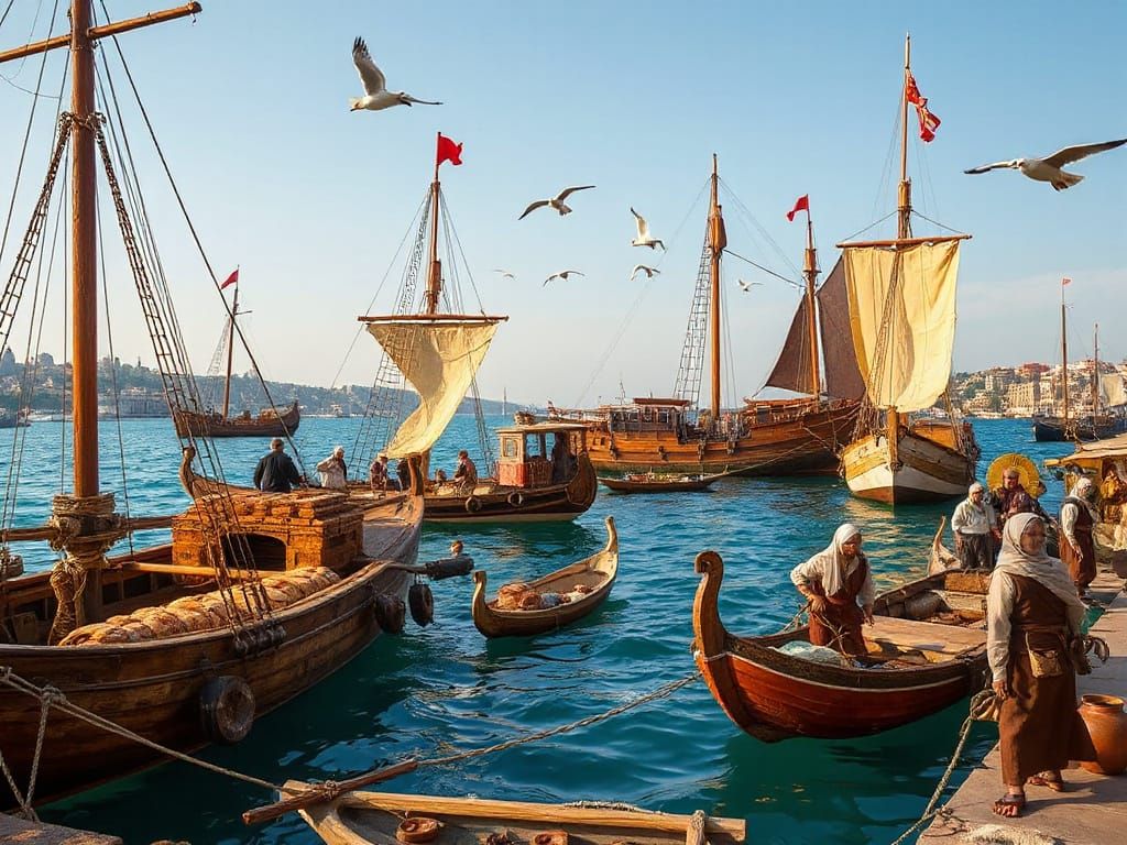 Vibrant Byzantine Docks of Constantinople in Warm Midday Sun...