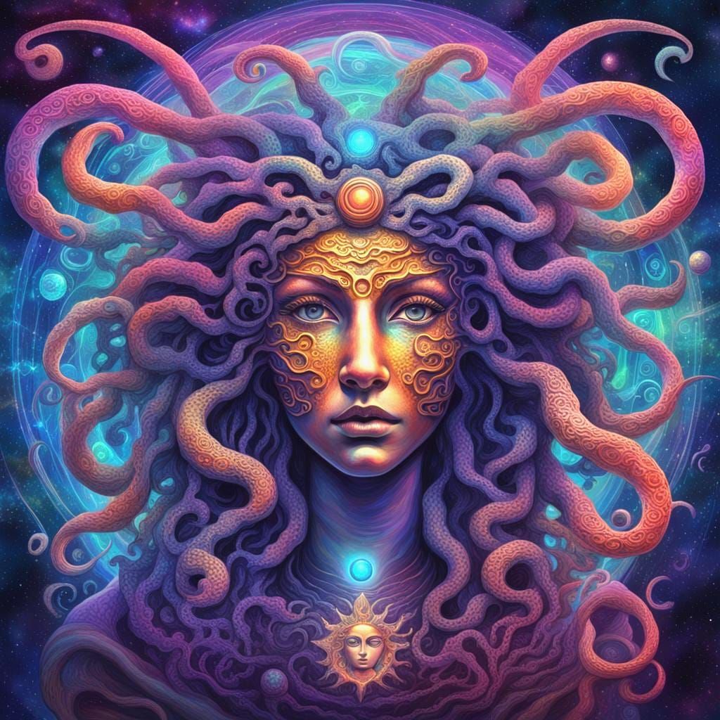 Medusa with Petrifying Gaze: Holographic Astral Illustration
