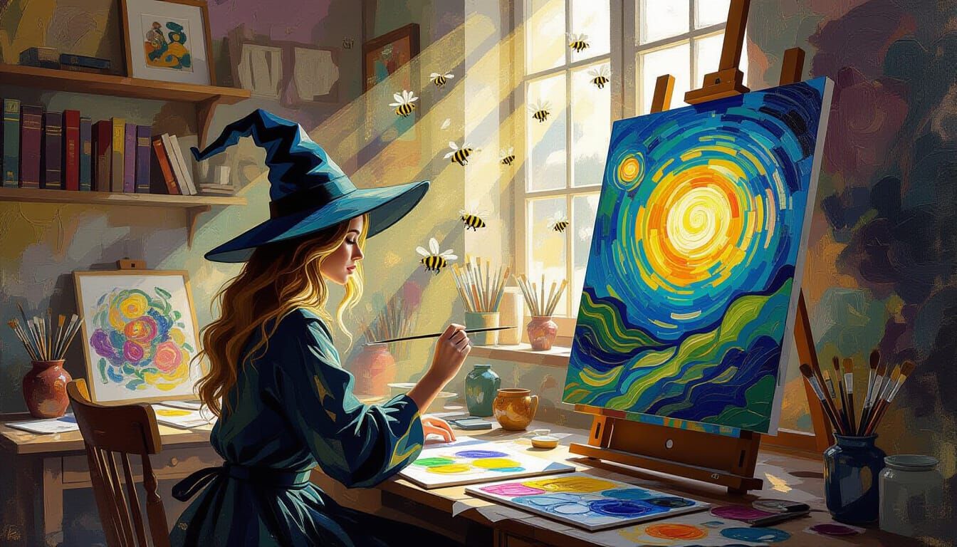 Magical Witch Painting in Studio, Bees and Light