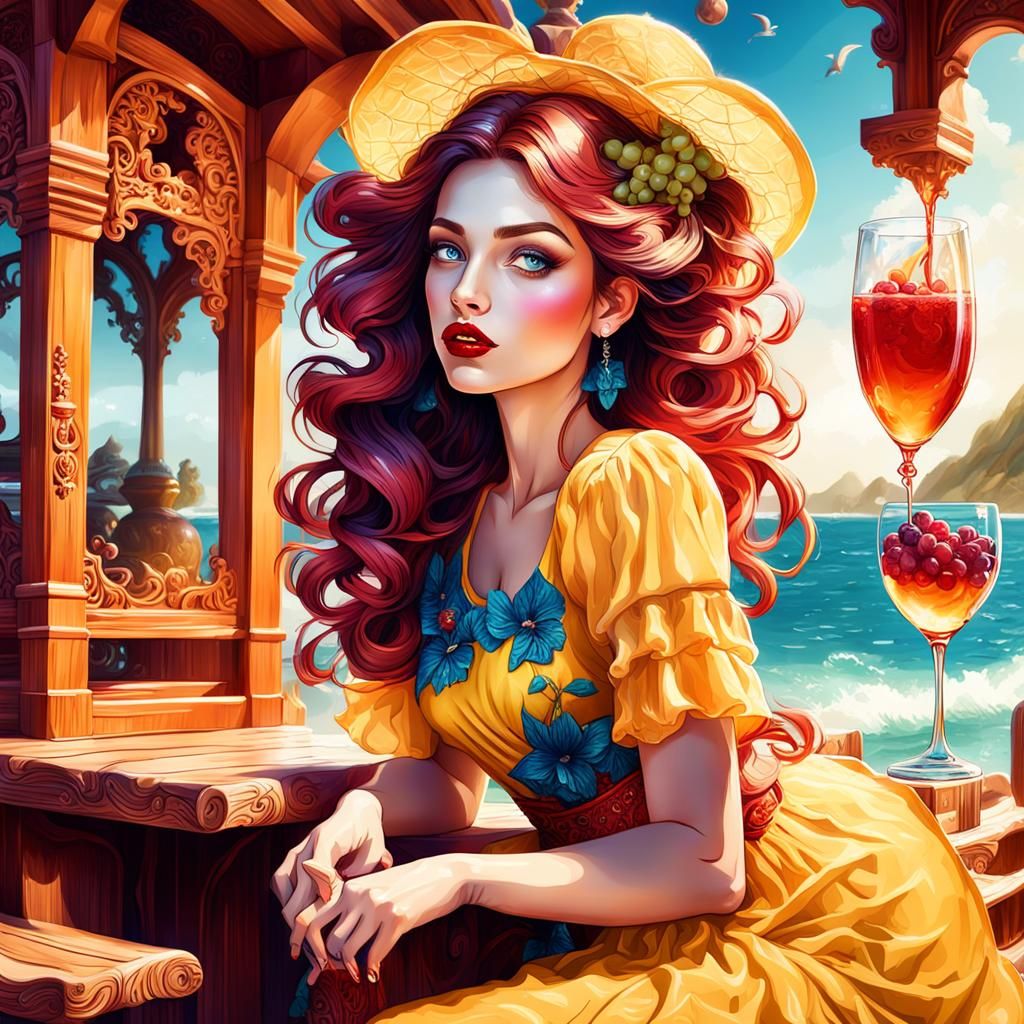 Girl with Grape Juice on Beach Bench, Digital Art