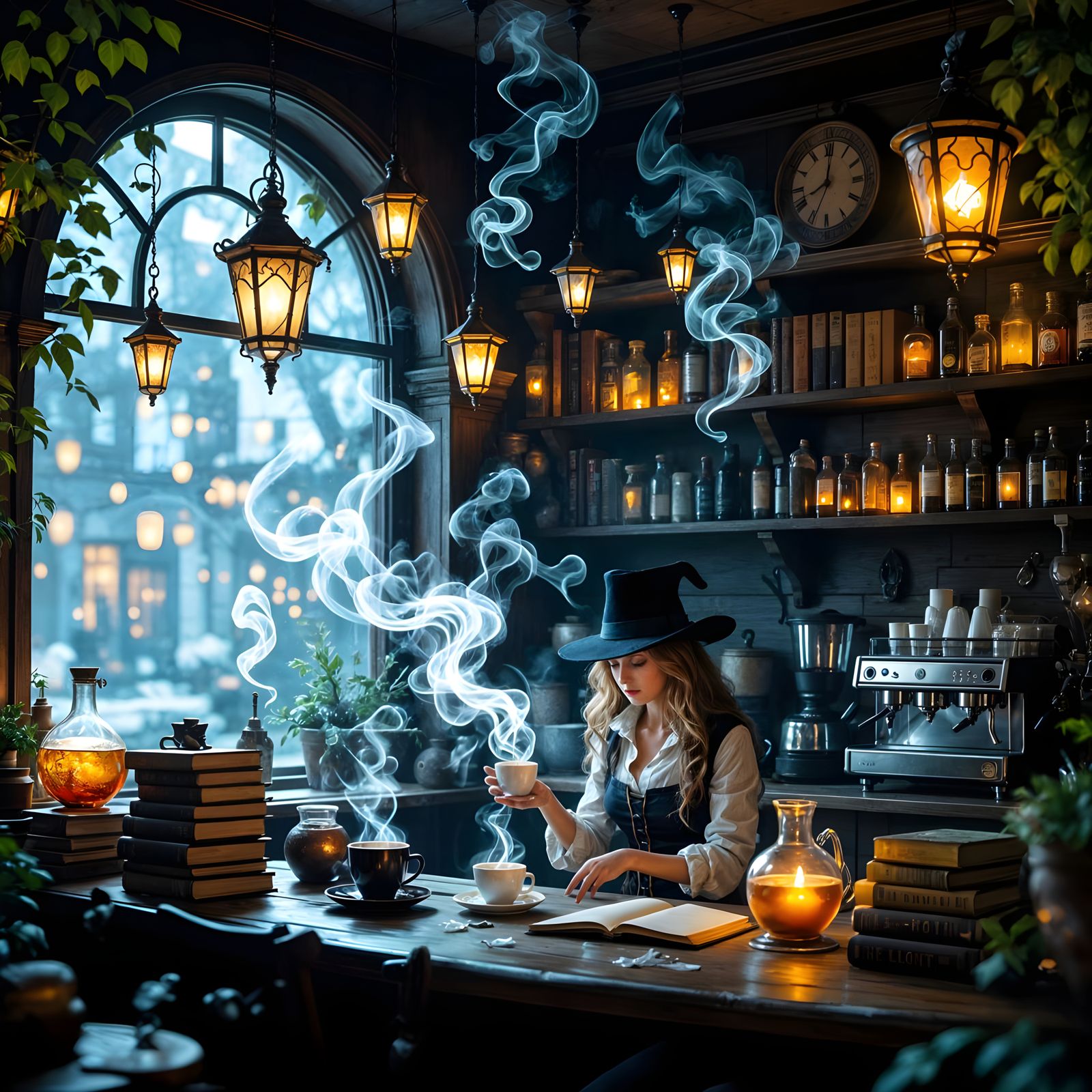 Magical Cafe with Ethereal Steam Creatures and Floating Lant...