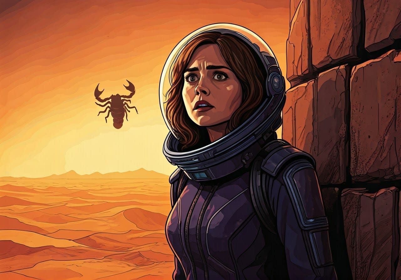 Frightened Clara Oswald Stands Against Alien Desert Landscap...