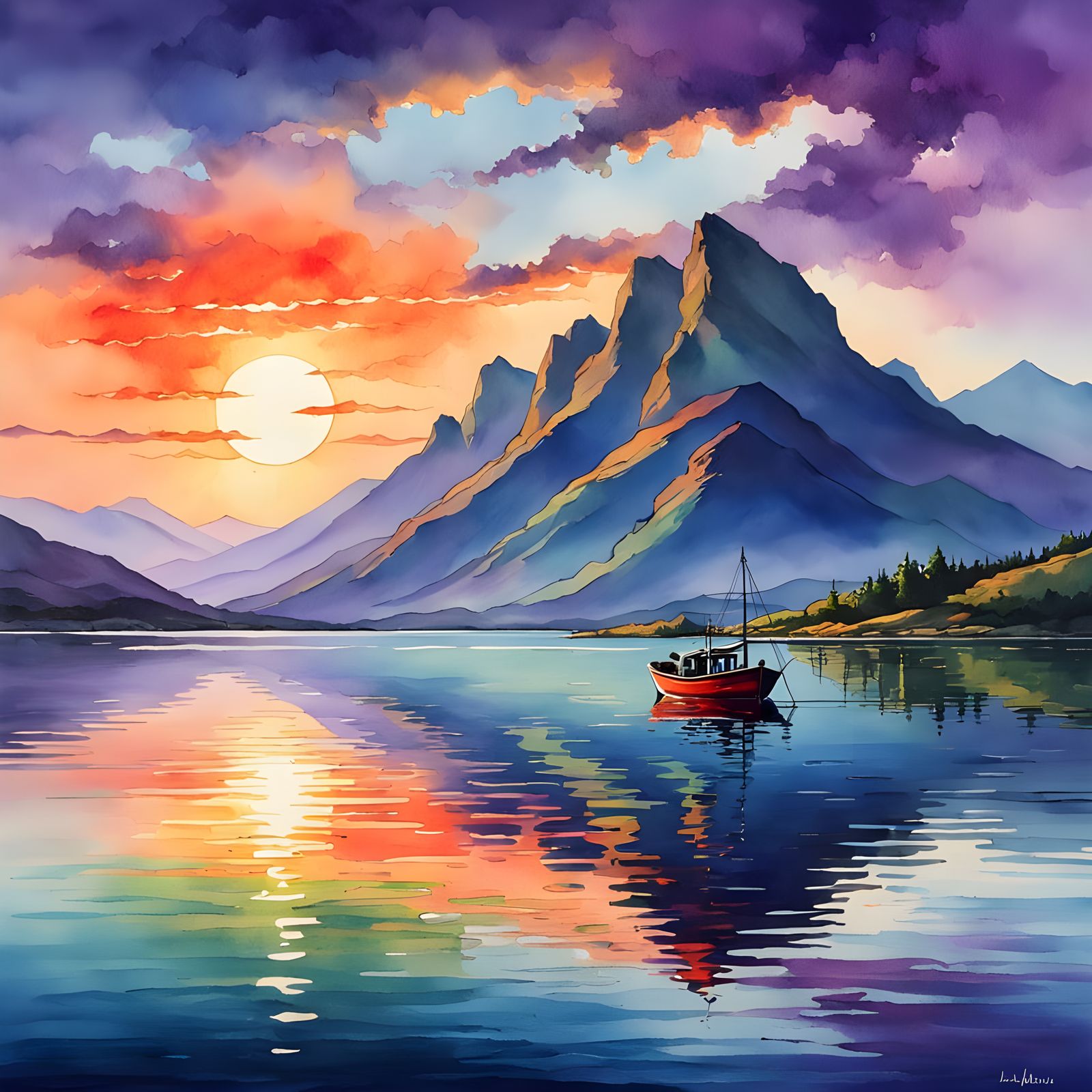 Fishing Boat at Sunset in Vivid Watercolor Style