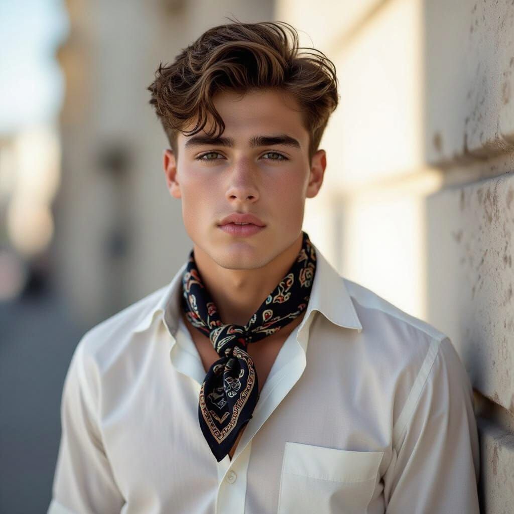 Teenage Man with Scarf in Open Shirt