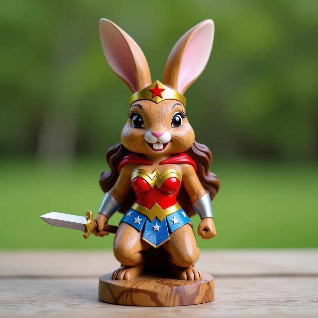 Wonder Woman Rabbit as a Detailed Wood Carving