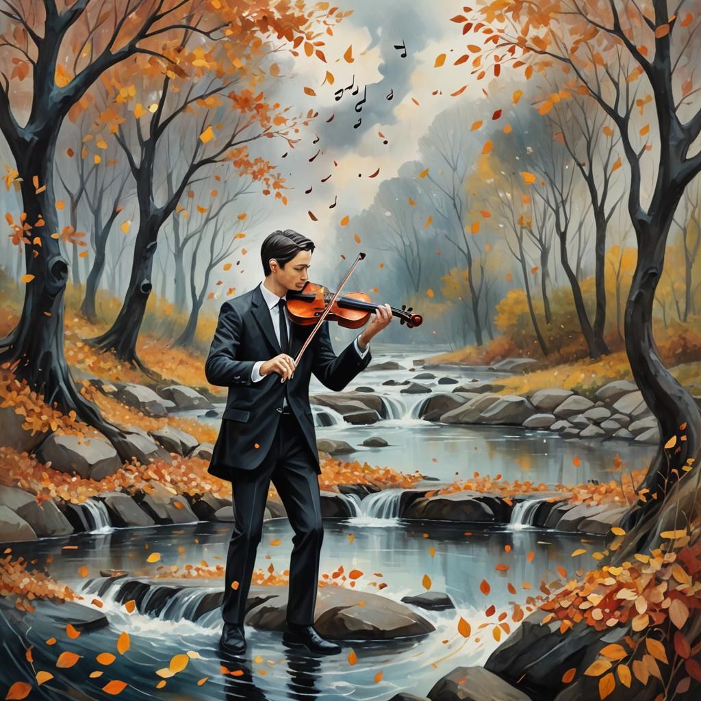 Enchanted Violinist in Autumn Fantasy Landscape