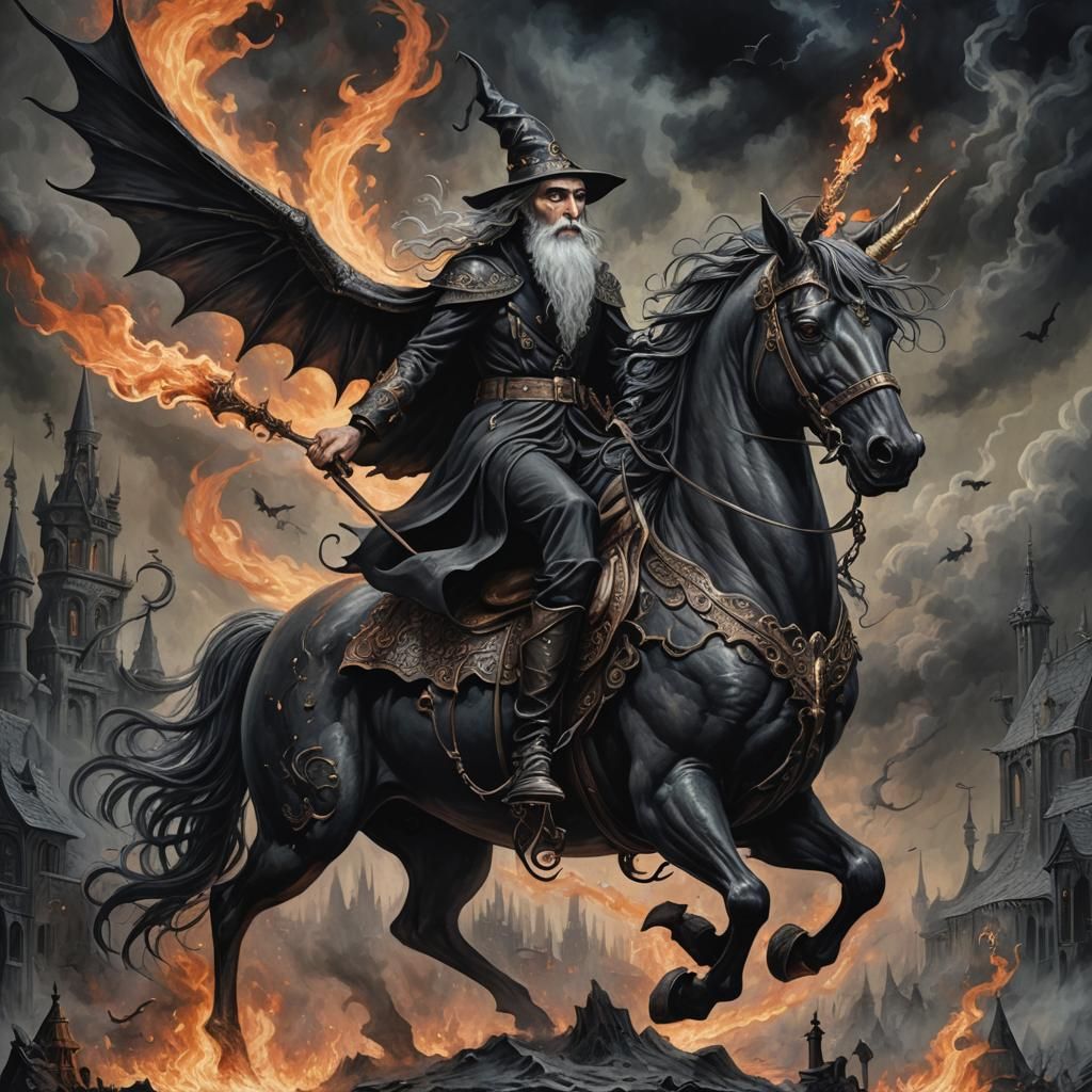 Whimsical Wizard on Dark Unicorn in Burtonesque Noir