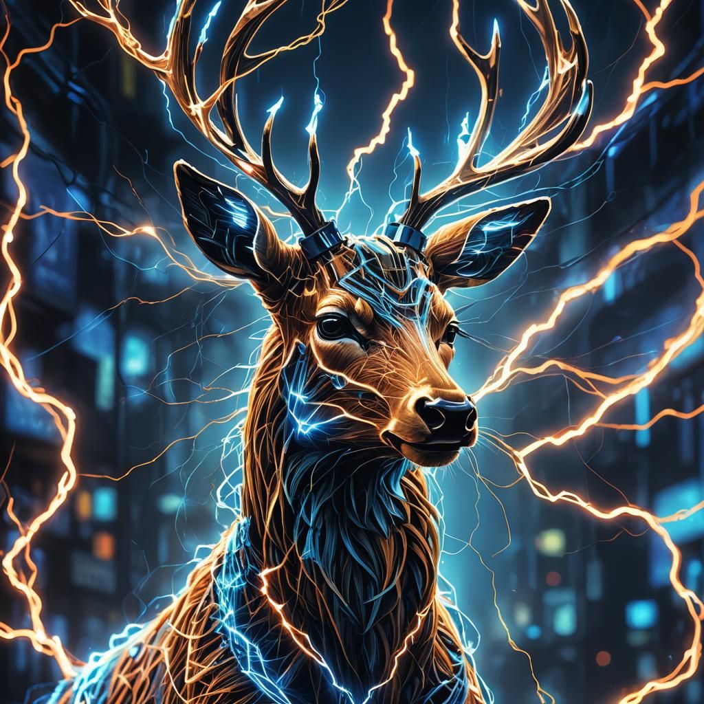 Cyberpunk Lightning Deer Digital Art