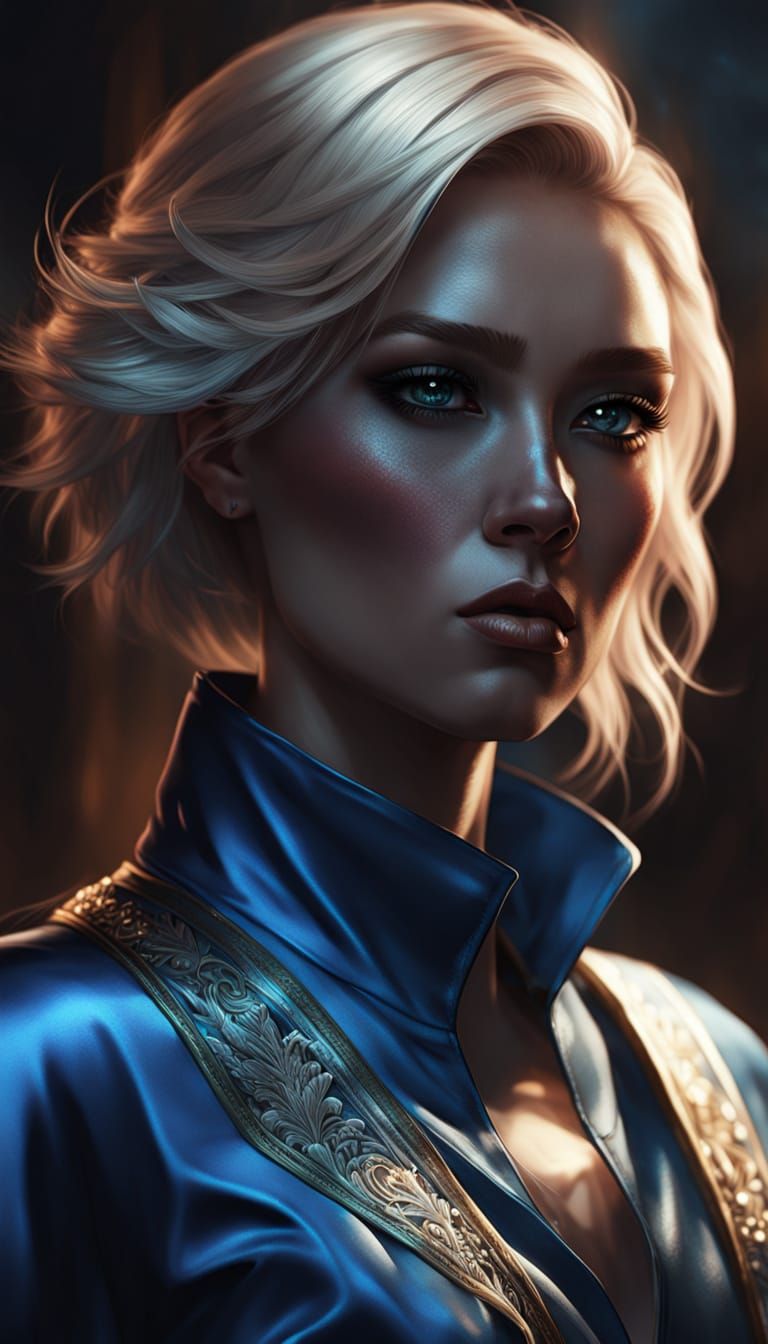 Young Woman in Blue Satin Pajamas, Dramatic Lighting