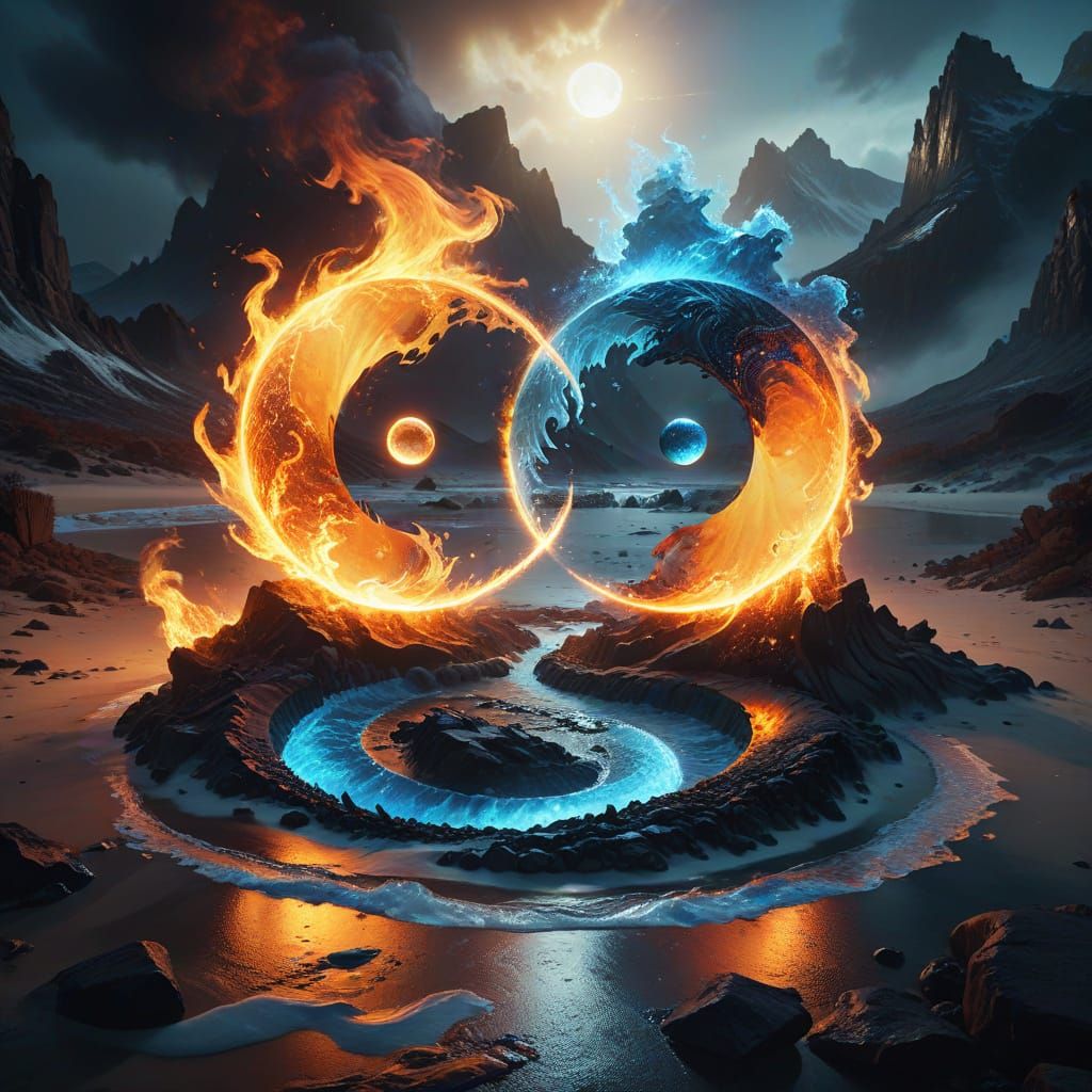 Balanced Fantasy Landscape with Fire, Ice and Yin Yang