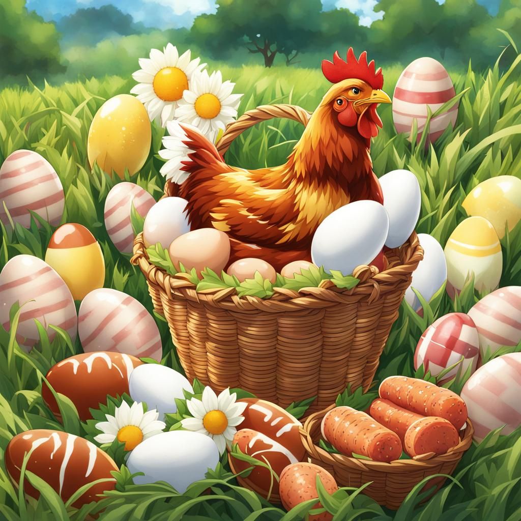 Hen in Basket of Eggs and Meats, Anime Style