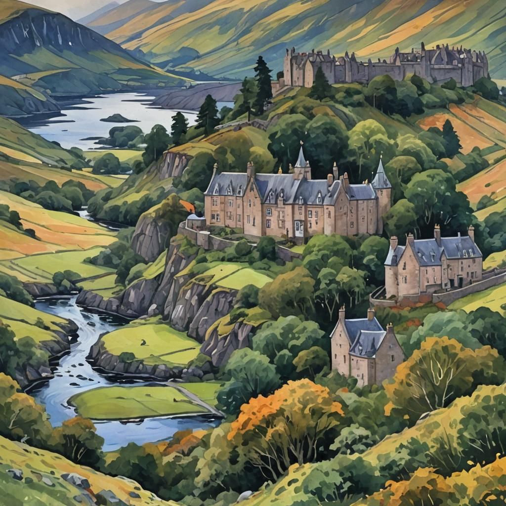Scottish Highlands in Gouache Watercolor Style