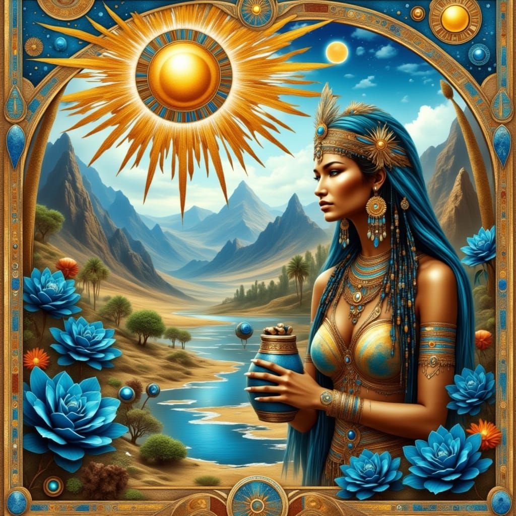 <lora:Egyptian flux:1.0> <lora:Eclectic:1.0> <lora:Archetypal Images:1.0> Distressed, stylised ancient Egypt papyrus, pe...