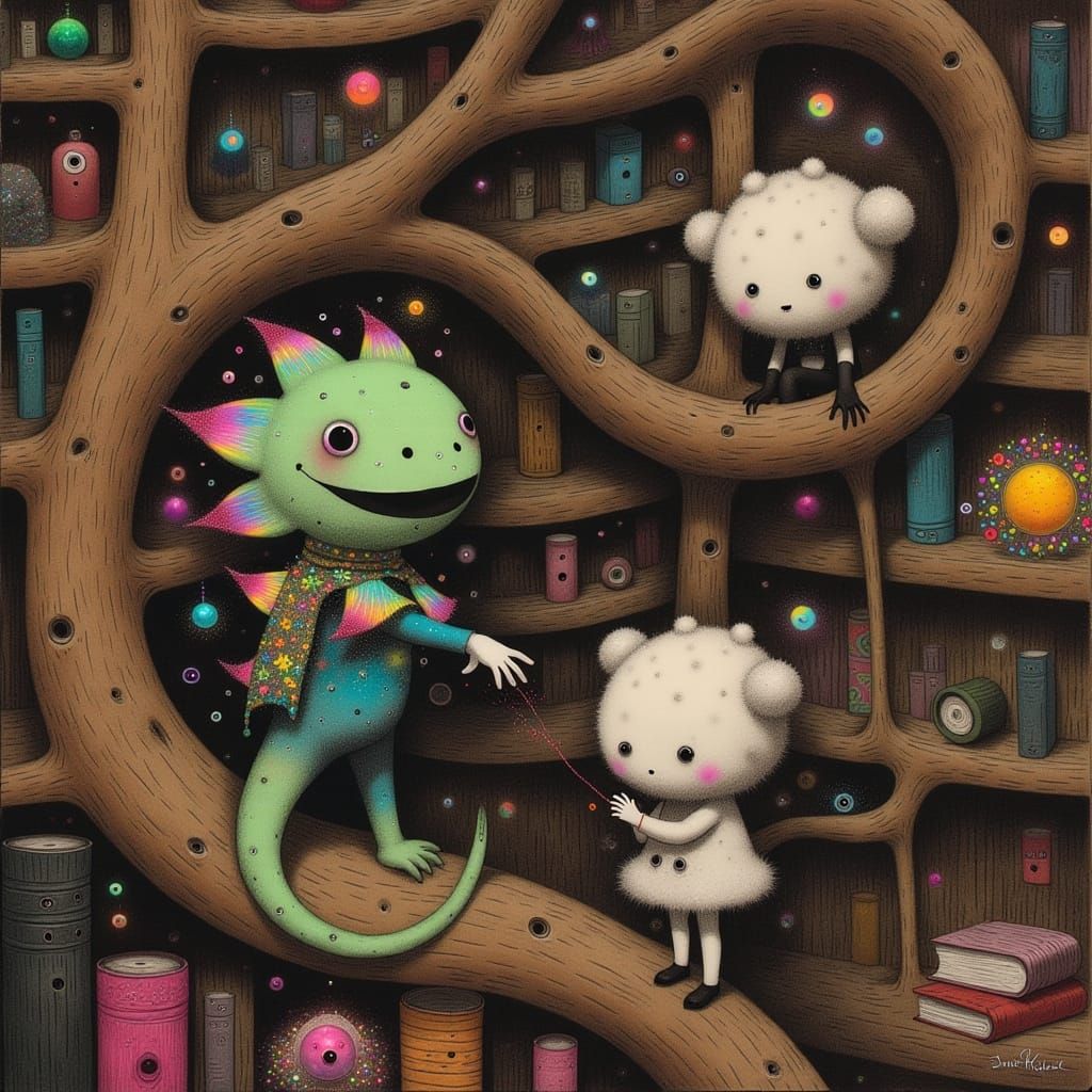 Whimsical Bookshelf Worlds with Chubby Little Dragons and Sh...