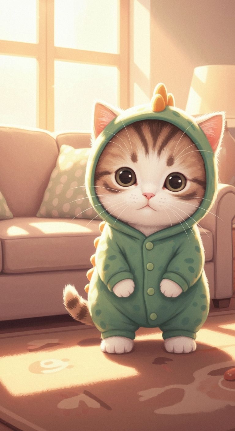 Cute Kitten in Dinosaur Onesie, Cozy Living Room