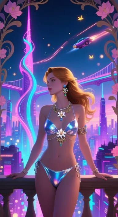 Elderly Woman in Art Nouveau Jewelry Overlooking Neon City