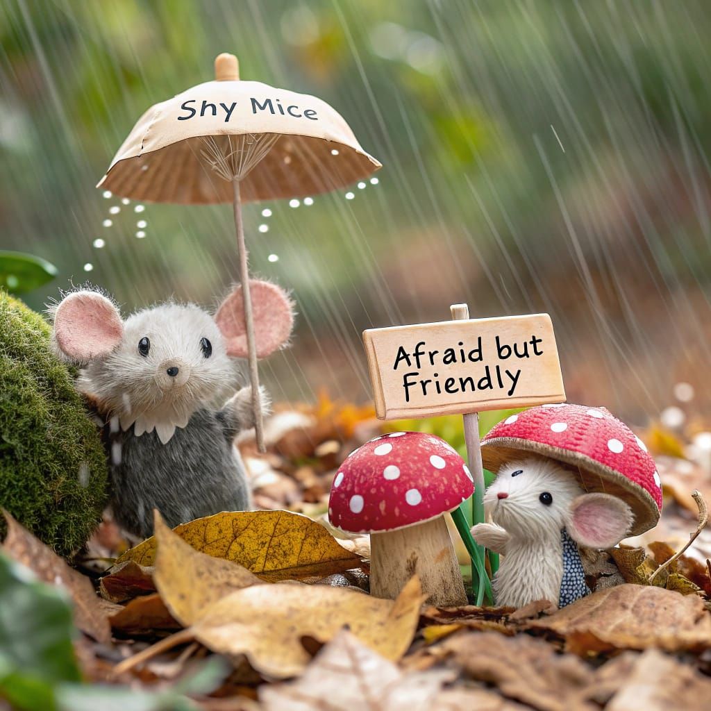 Adorable Shy Mice Peeking in Rainy Scene