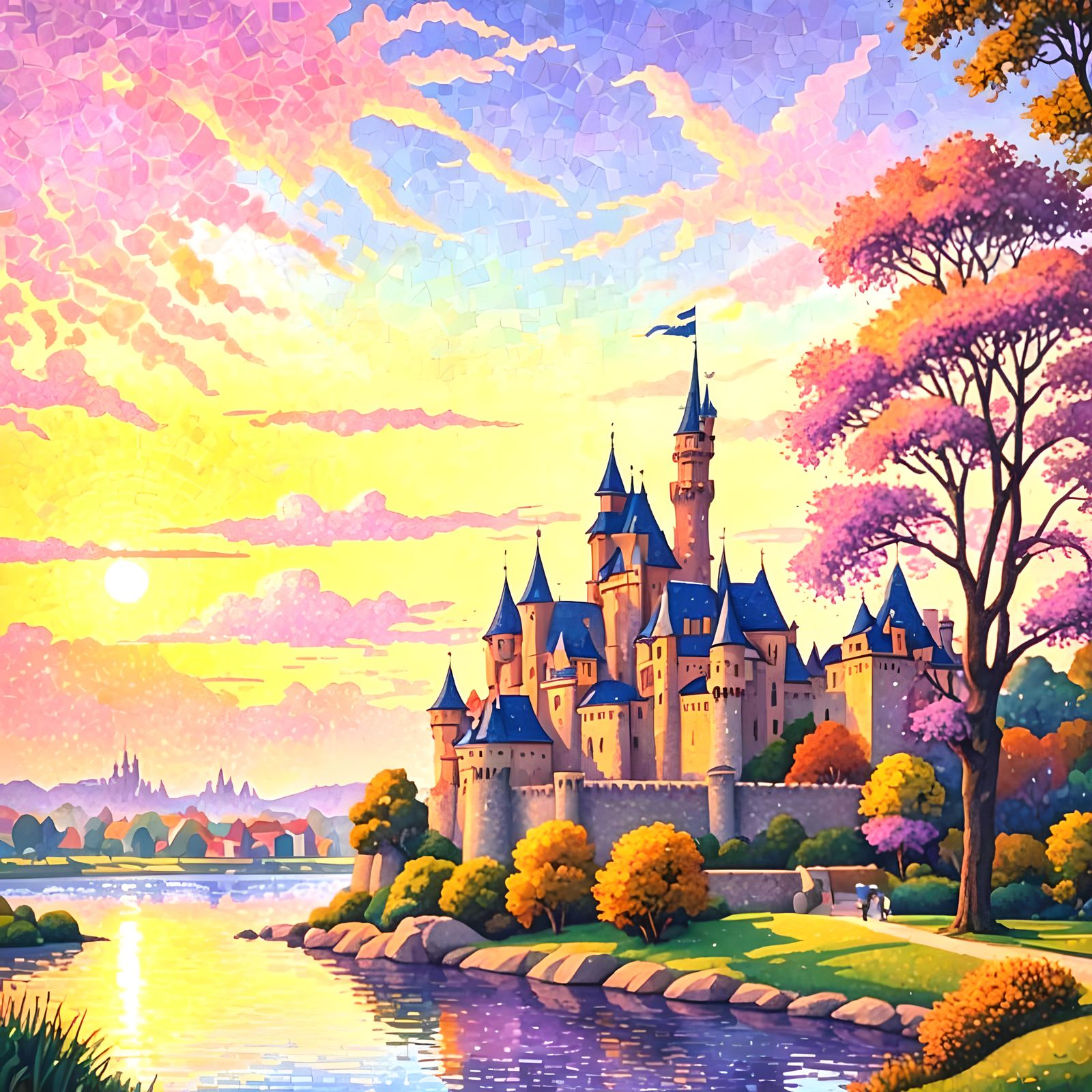 Pointillist Phoenix Soaring at Sunset in Seurat Style