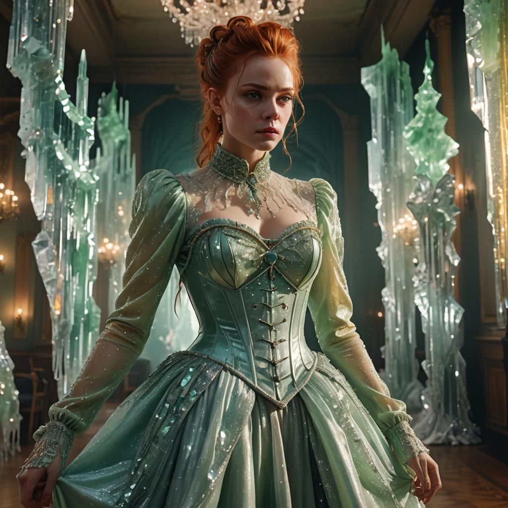 Woman in Crystal Dress in Ballroom, Vivid Digital Art