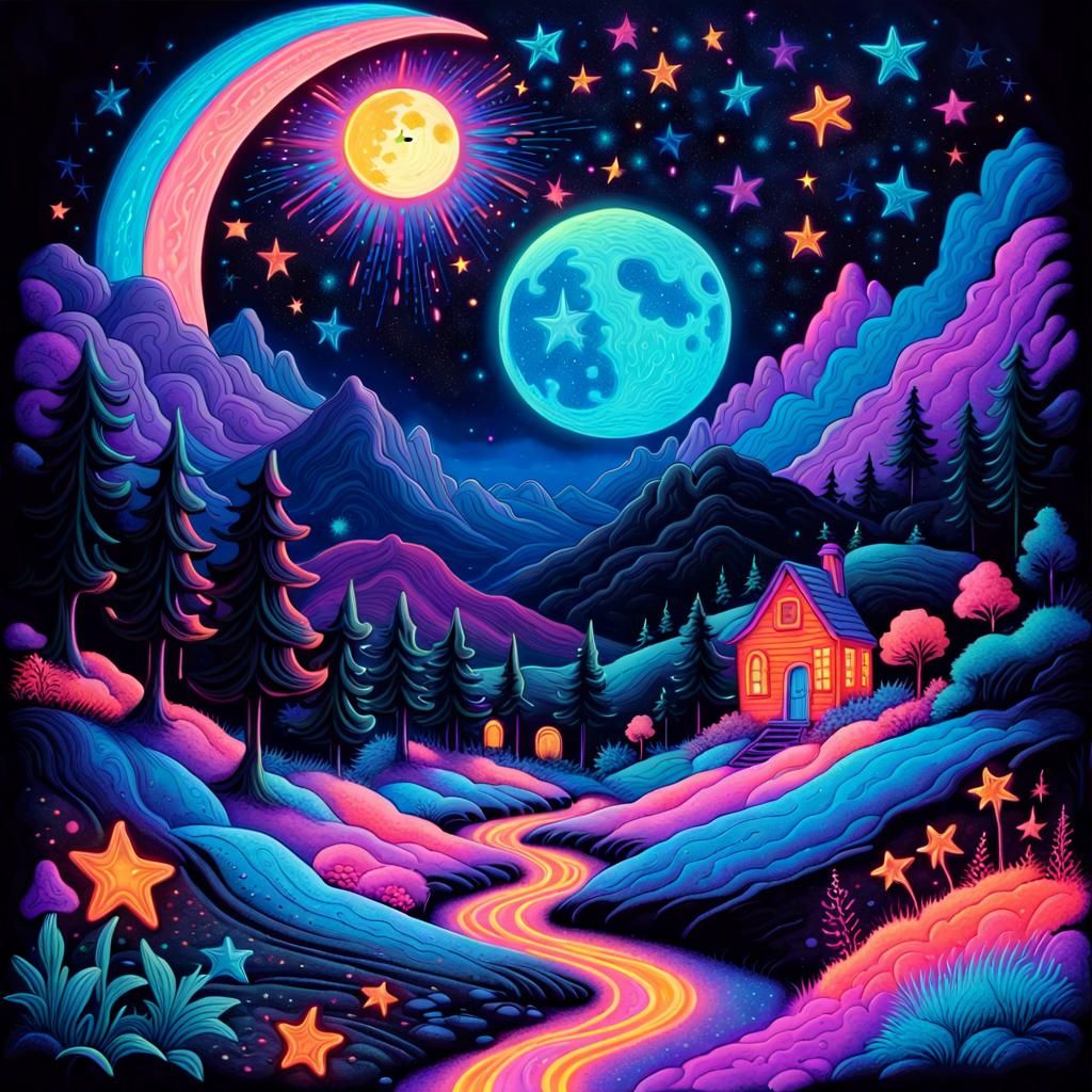 Psychedelic Neon Moonscape Chalk Art Illustration